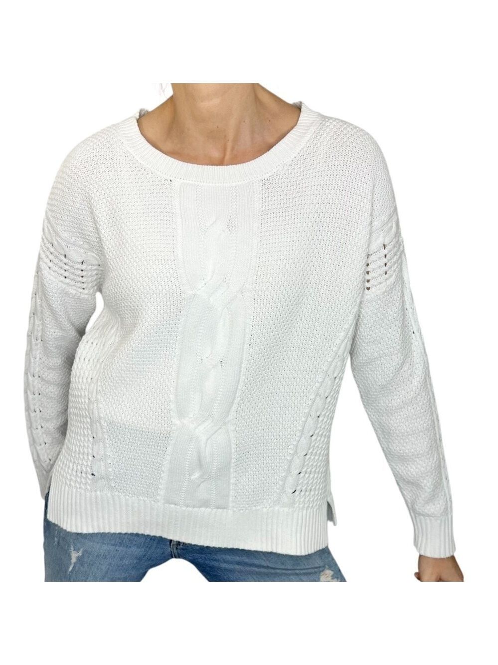 Tommy Hilfiger 100% cotton preppy classic white cable knit crew neck sweater L